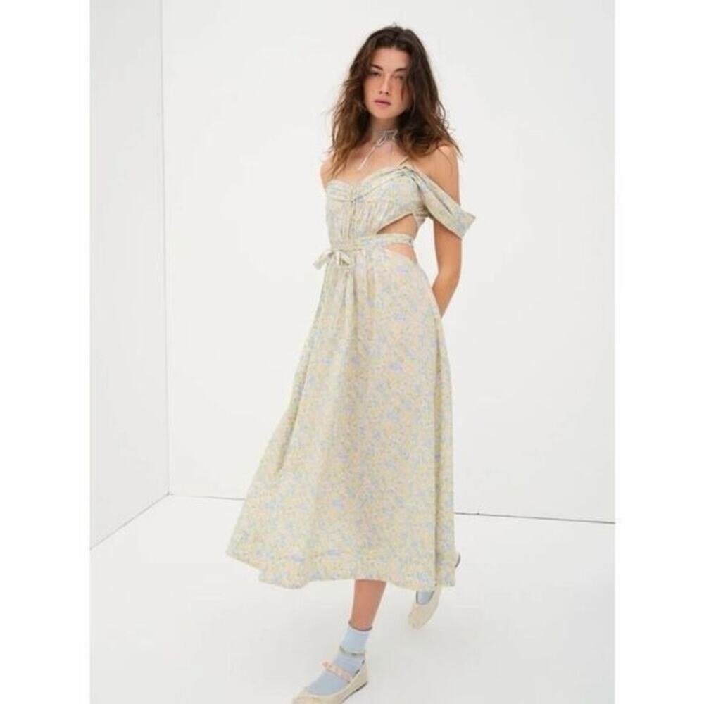 For Love & Lemons Floral Sibylla Cotton Midi Dress, Spring Milkmaid Small NWT